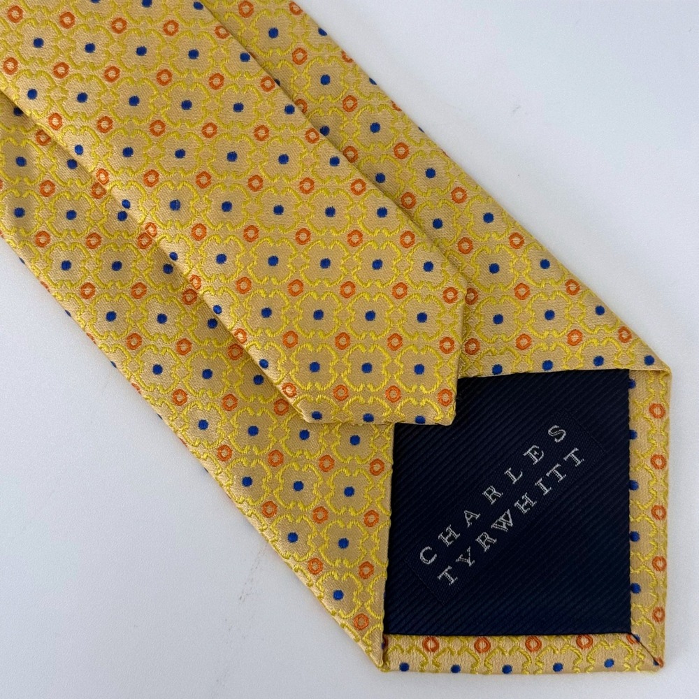 Charles Tyrwhitt Mens Silk Tie Yellow Gold Blue Geometric Medallion Foulard 60L